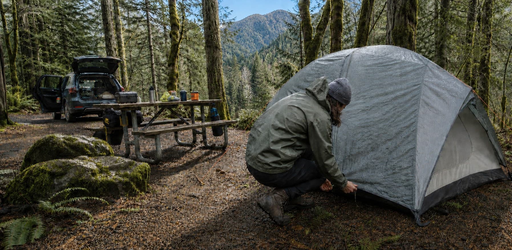 Camper securing a tent rainfly in a sunny Pacific Northwest forest campground