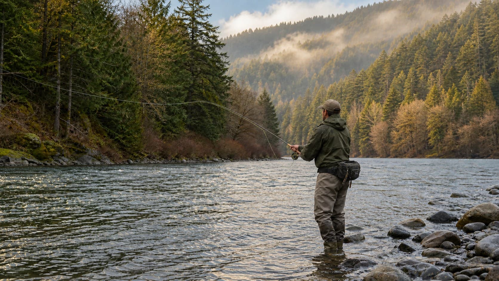 Angler casting in a misty Pacific Northwest river