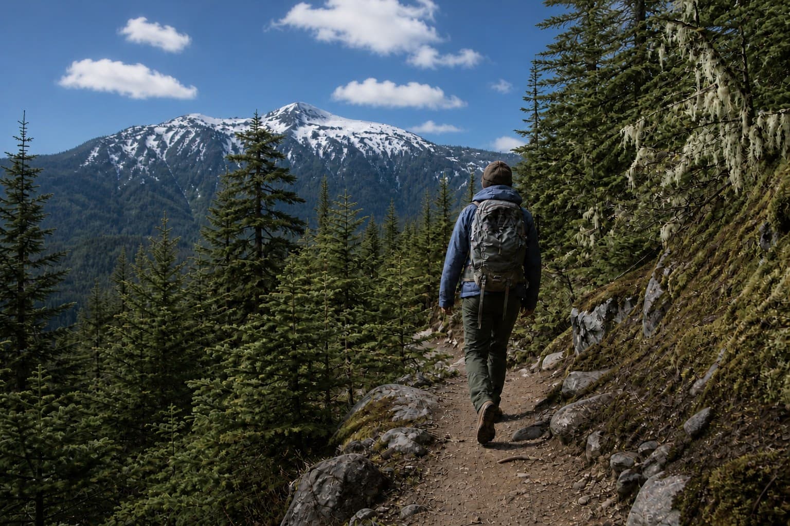 Hiker walking a sunny Cascade trail toward snow-dusted mountains