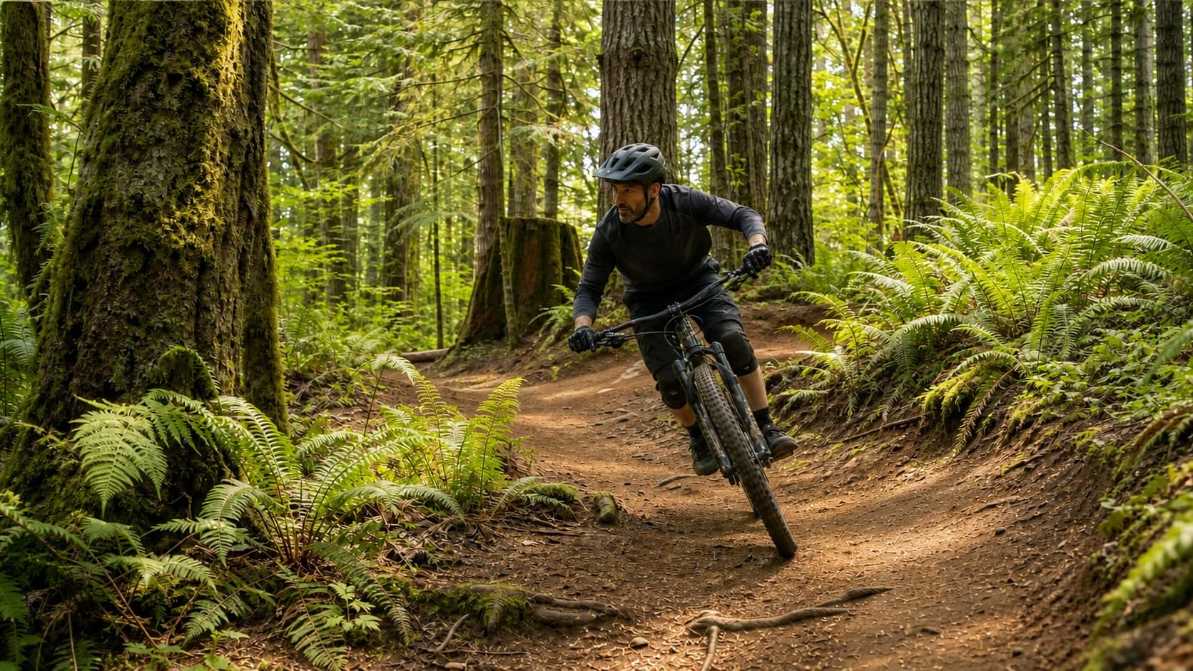Mountain biker riding a forest trail through ferns and Douglas firs