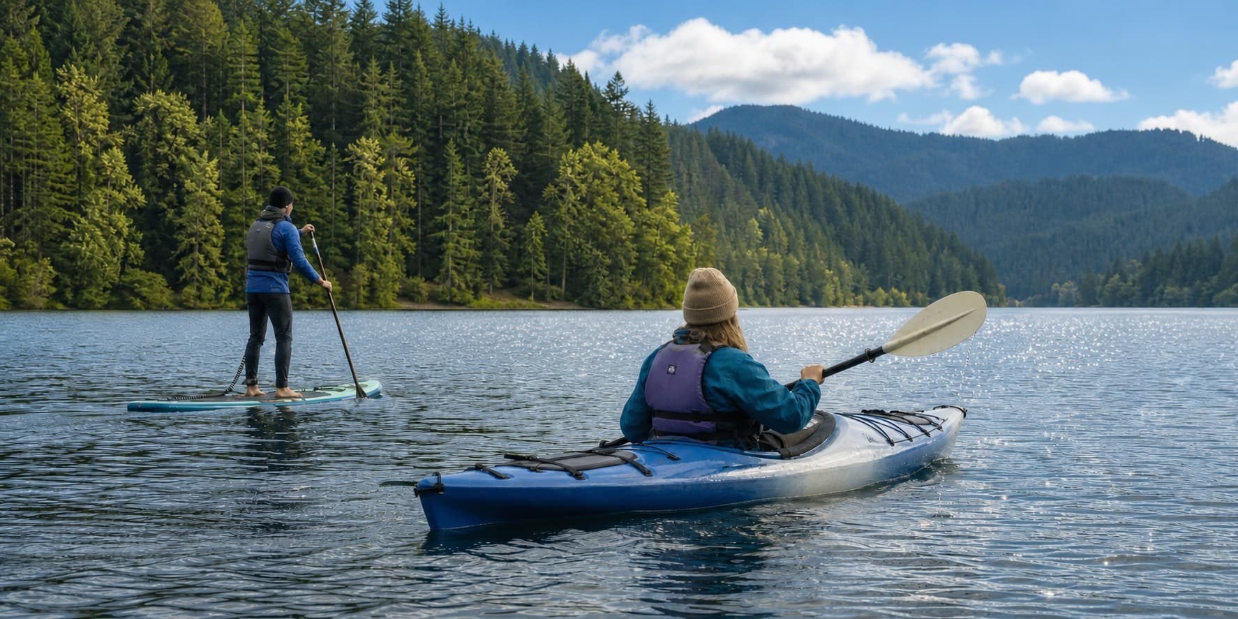 Kayaker and paddleboarder wearing PFDs on a forested Pacific Northwest lake