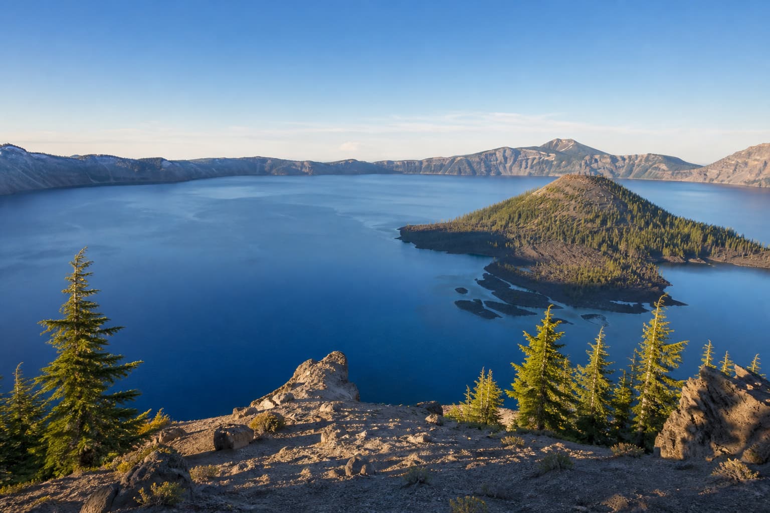 Panoramic view of Crater Lake and Wizard Island in Oregon