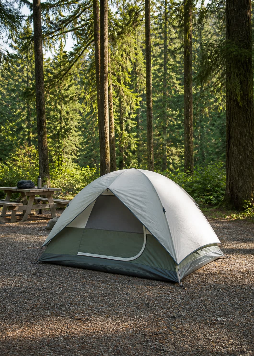 A camping tent set up at an outdoor campsite